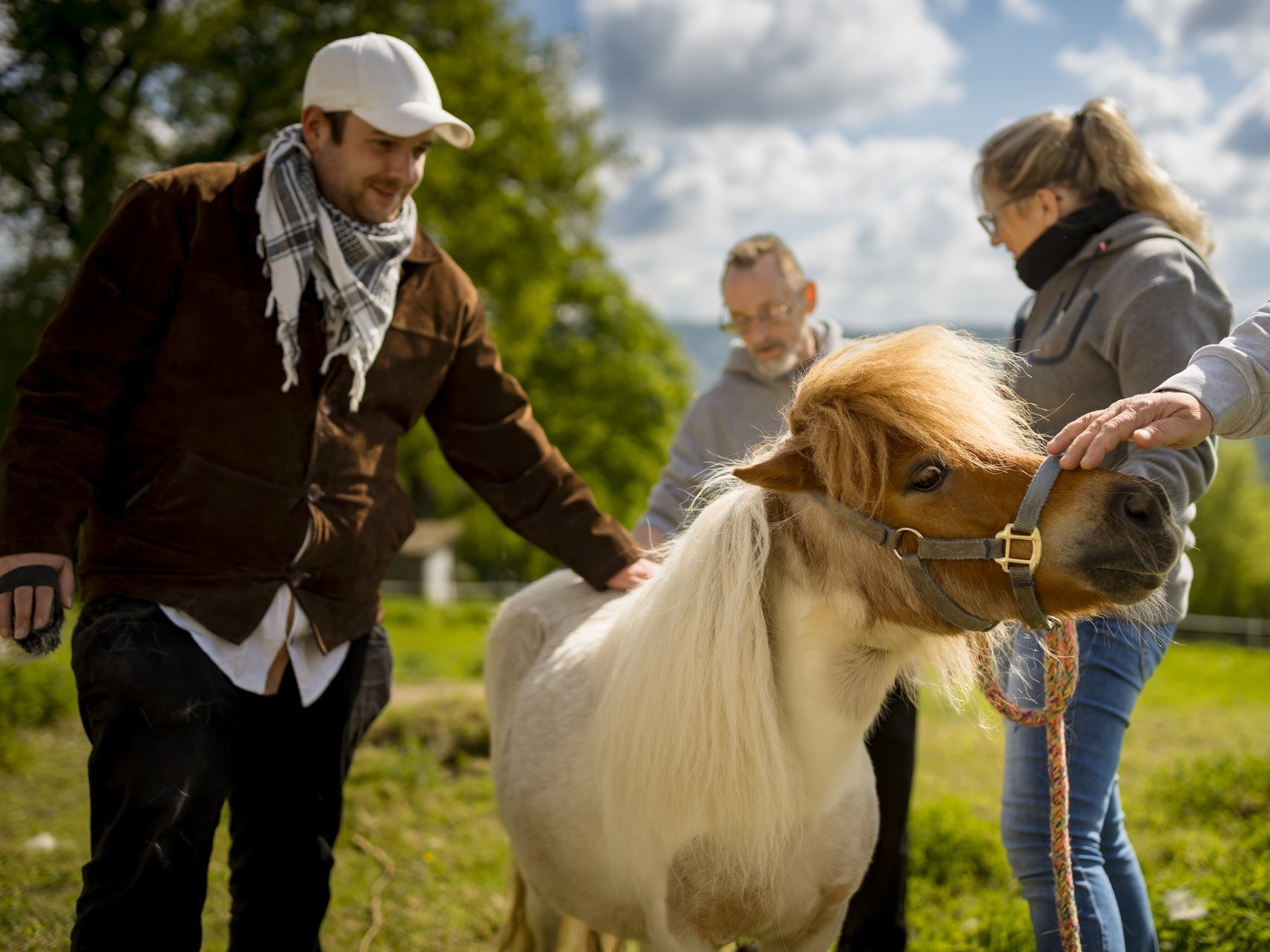 Zwei Menschen striegeln ein Shetlandpony.